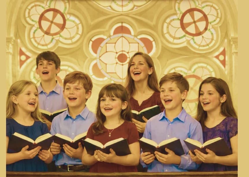 A children's choir singing from hymn books in front of a rose window.