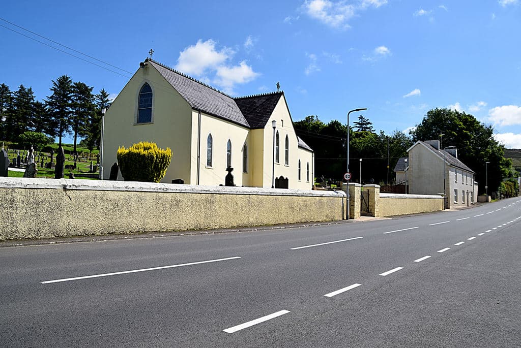 St Mary’s Church, Rouskey, on a summer morning — the parish chapel of Badoney Lower set along the road in the Sperrin foothills.